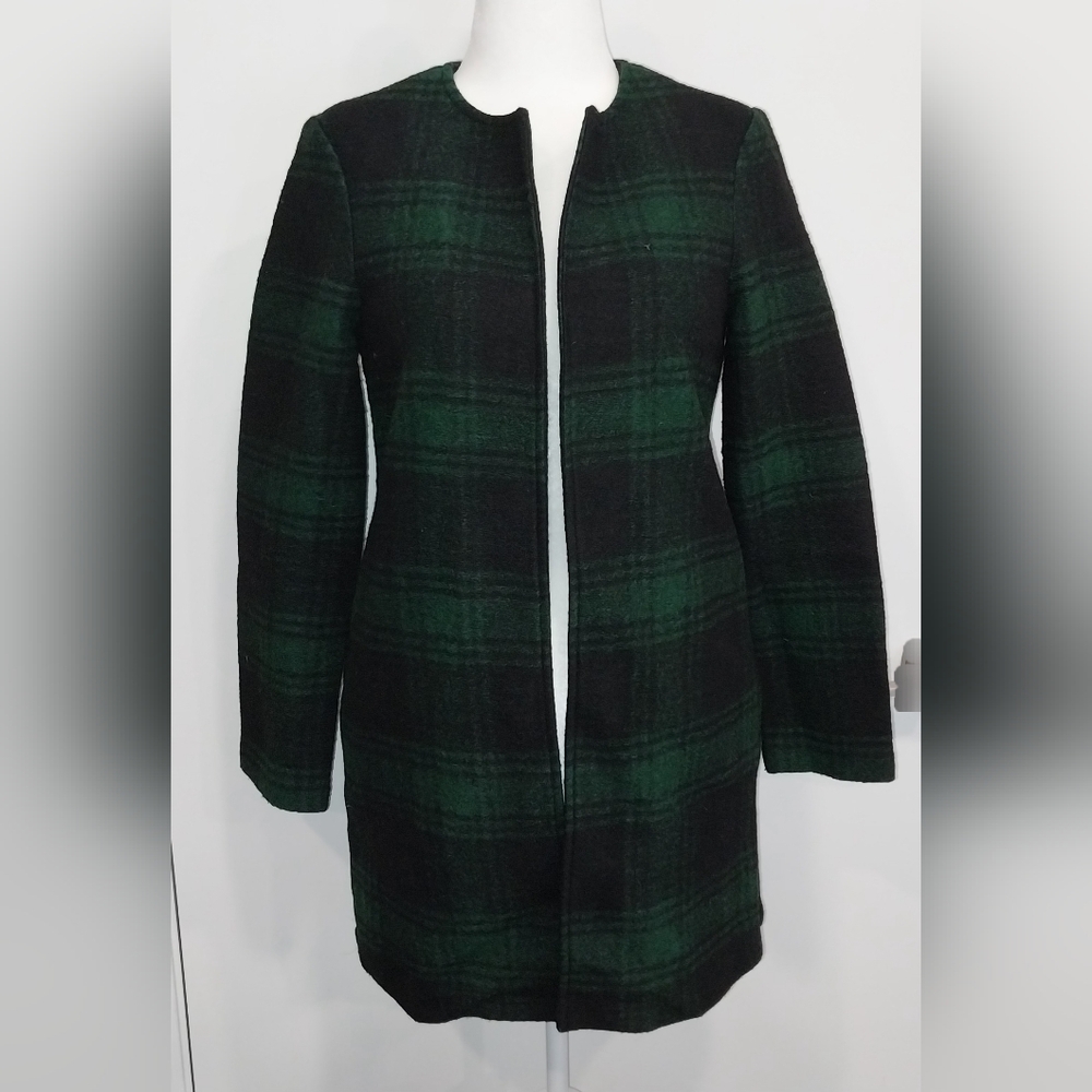 Max Studio Long Sweater Green Plaid Wool Blend Cardigan Jacket Duster Size S